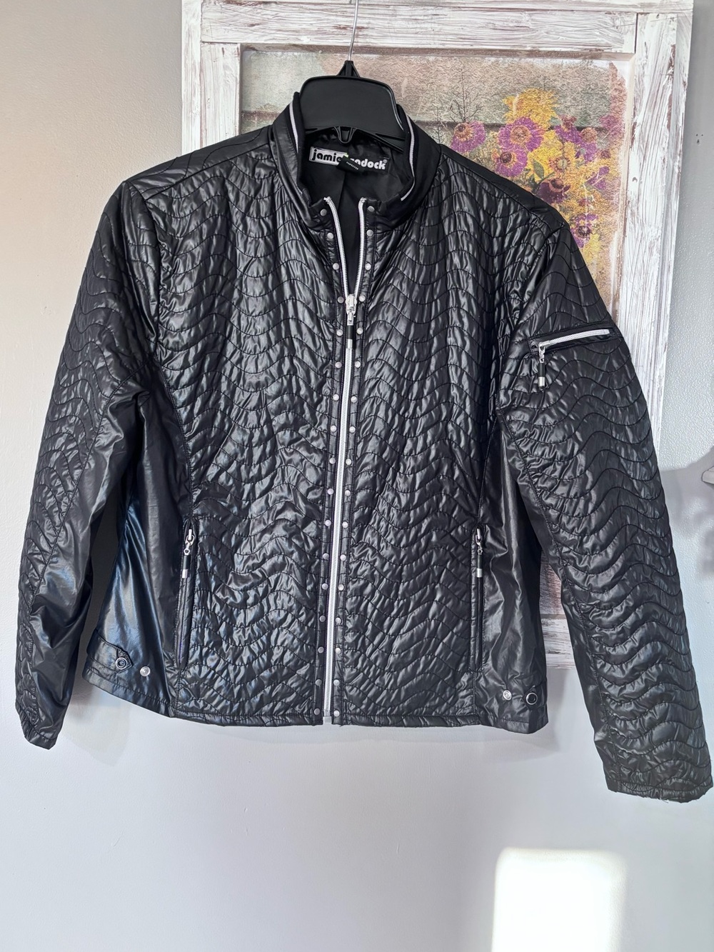 Jamie Sadock Textured Quilted Black Lightweight Full Zip Jacket Sz Lg
